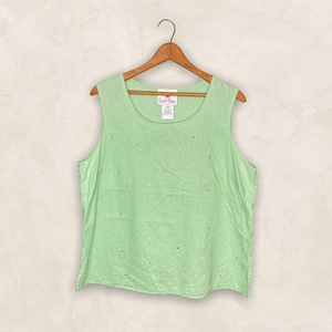 Quacker Factory Large L Lime Green Linen Blend Rhinestone Embellished Tank Top‎
